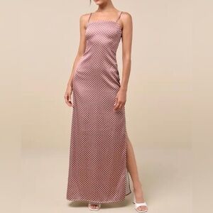 Lulus Prettiest Charm Brown Polka Dot Satin Lace-Up Maxi Dress sz XL NEW w/ tags